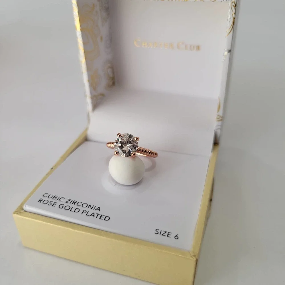 CHARTER CLUB Rose Gold-Tone Crystal Solitaire Textured Ring Engagement Size 6